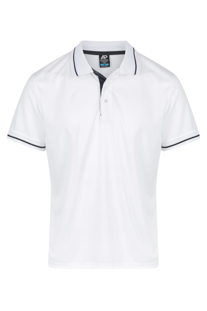 A white polo shirt with a contrasting navy collar and sleeve trim, featuring a logo on the chest.