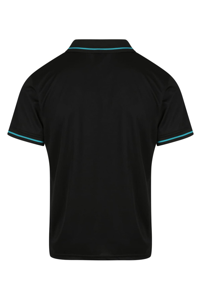 A black polo shirt featuring contrasting coloured detailing on the collar and sleeves. It has a logo on the chest.