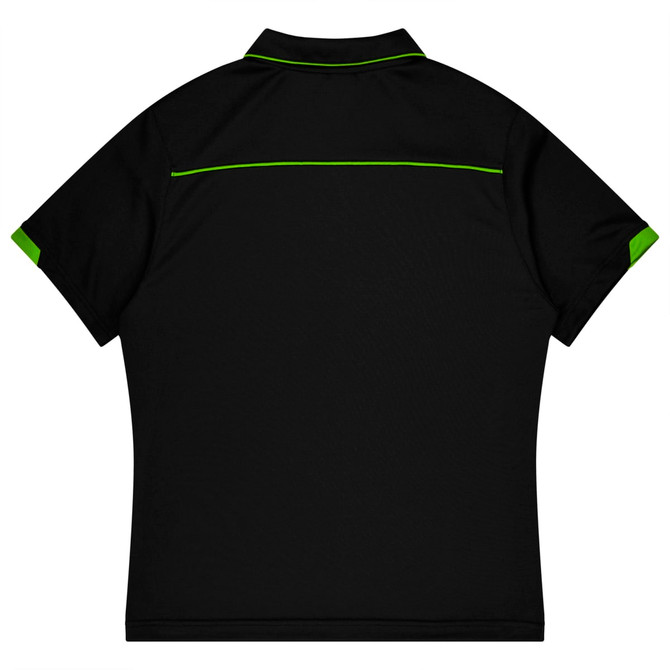 A black sports polo shirt featuring green accents and a logo on the collar.