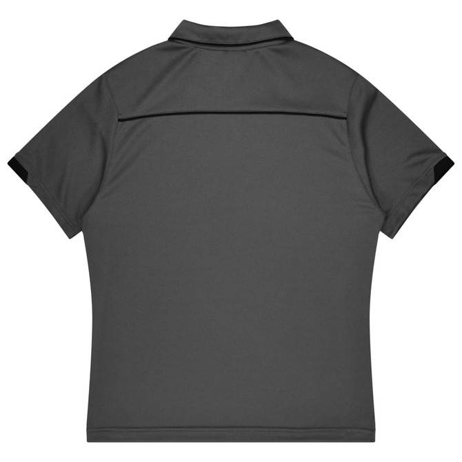 A grey sports polo shirt with black accents, featuring a collar and a logo on the back.