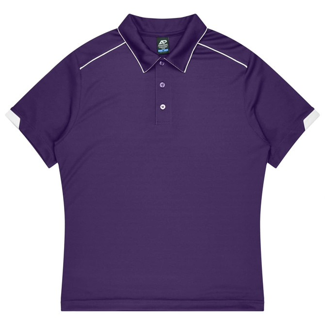 A purple polo shirt featuring a collar and white accents, designed as a sports uniform. It has a branding logo.