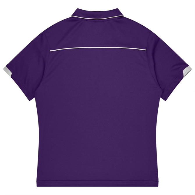 A purple sports polo shirt with contrasting trim on the collar and sleeve edges, featuring a logo.