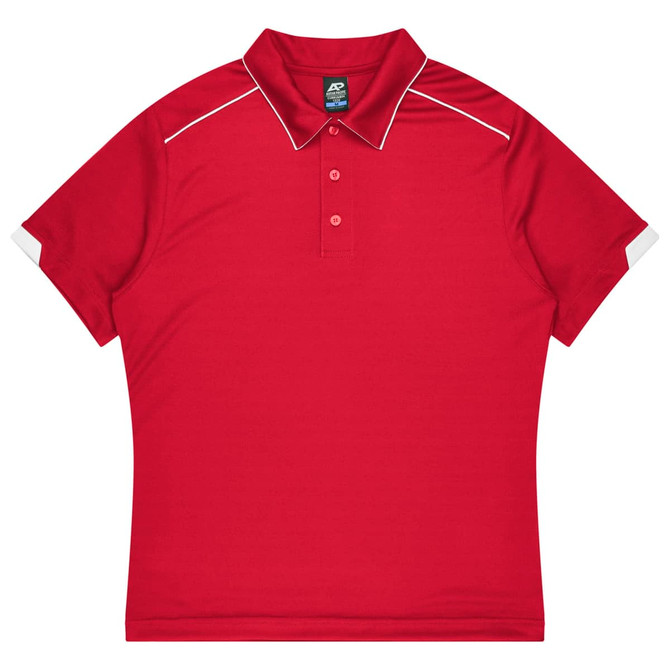 A red polo shirt featuring a collar and short sleeves, with contrasting white accents and a logo.