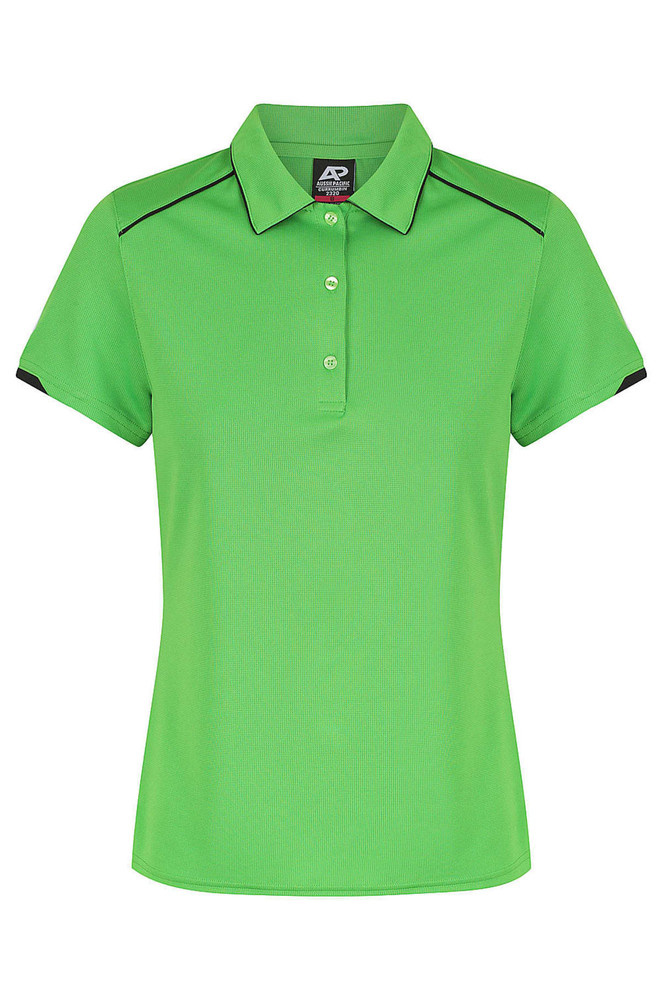 A bright green polo shirt with a collar and a logo, featuring black accents on the sleeves.