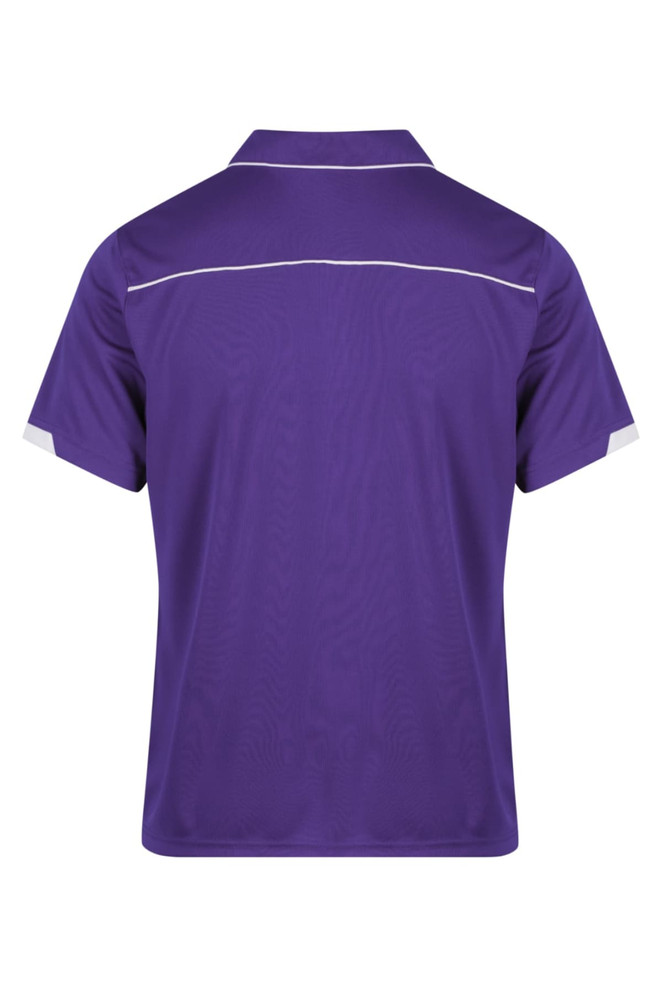 A purple polo shirt with a collar and white detailing on the shoulders. It features a logo on the chest area.