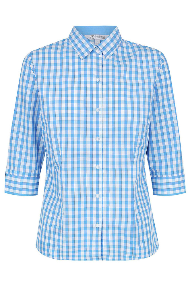 A button-up shirt featuring a blue and white gingham pattern with three-quarter sleeves and a collar. It has a logo.
