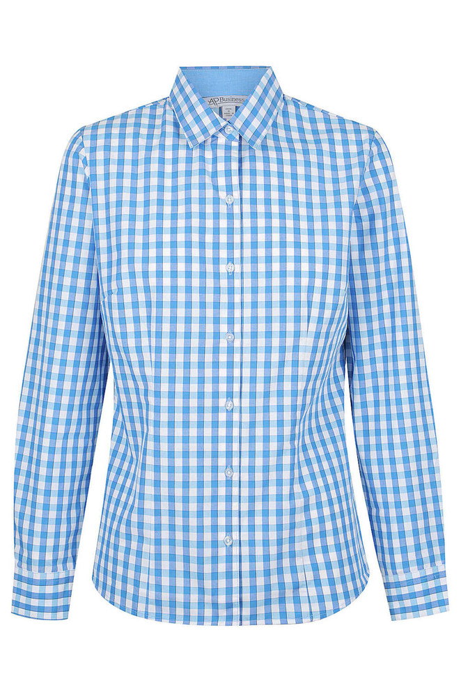 A blue and white checked long sleeve button-up shirt with a collar and a logo.