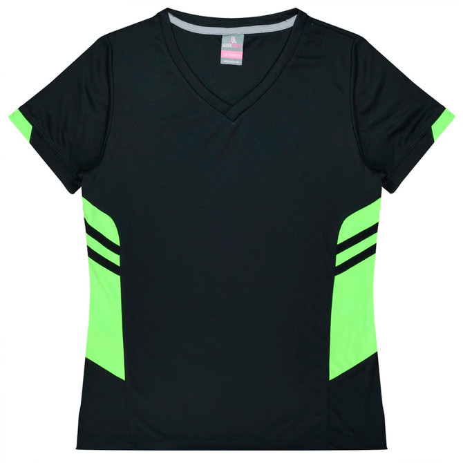 A black T-shirt with bright green accents and stripes, featuring a V-neck design and a logo.