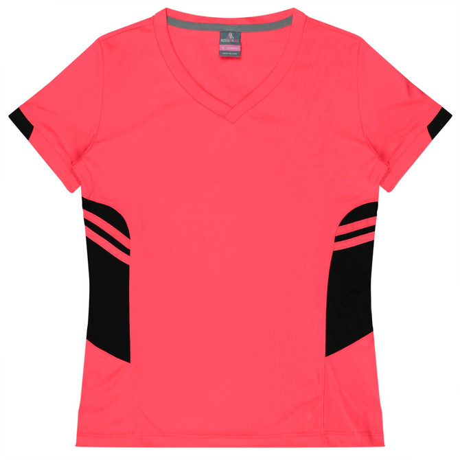 A pink v-neck t-shirt with black side panels and stripes, featuring a logo on the label.
