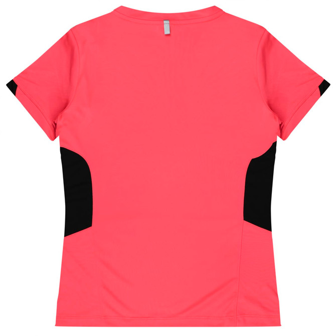 A coral pink women's t-shirt with black side panels and a logo on the back.