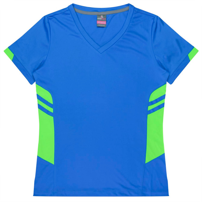 A blue women’s t-shirt featuring green accents and a V-neck design, with logo branding included.