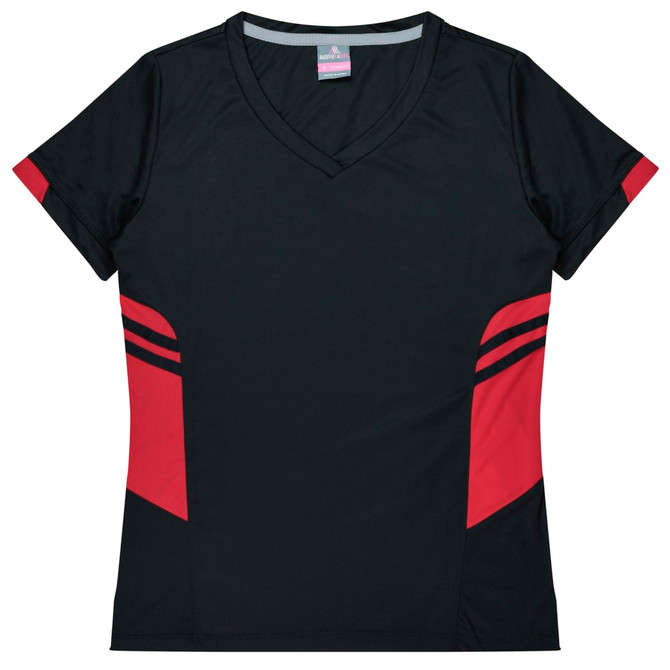 A black and red women's t-shirt with a v-neck and side stripes, featuring a logo.