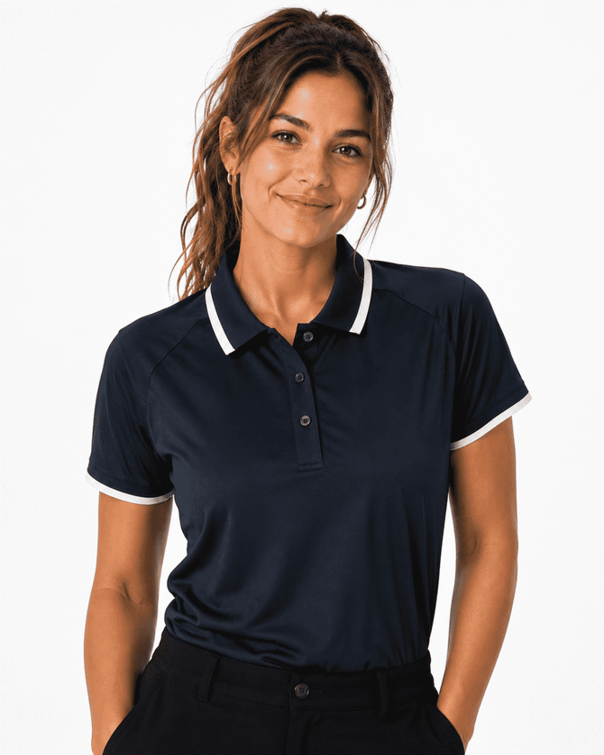 A navy polo shirt with a white collar and sleeve details, featuring a logo on the left side.