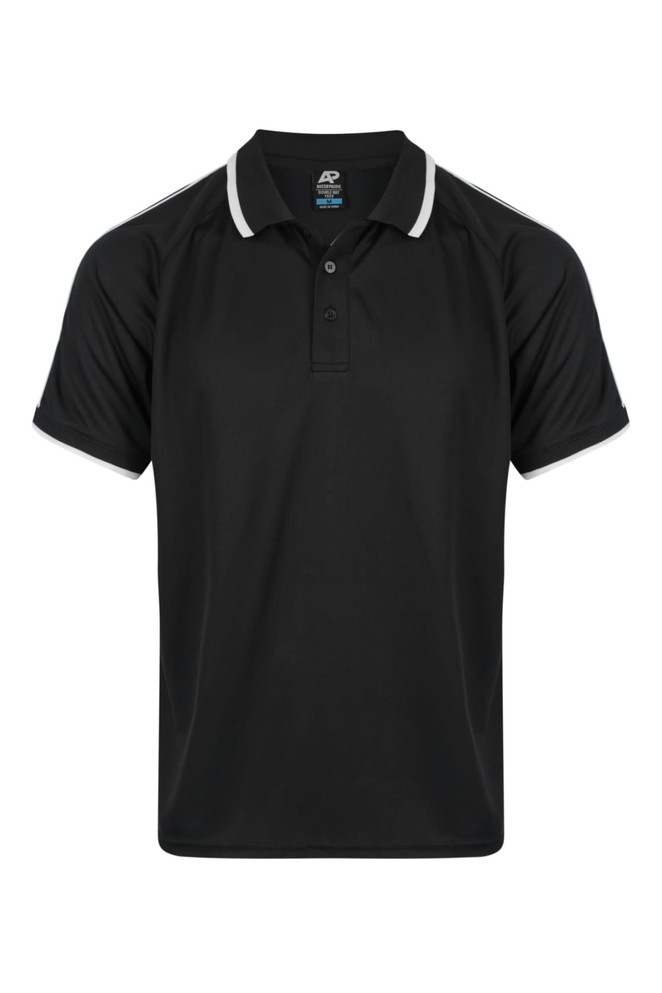 A black polo shirt featuring contrasting white details, designed for men. It has a logo on the collar.