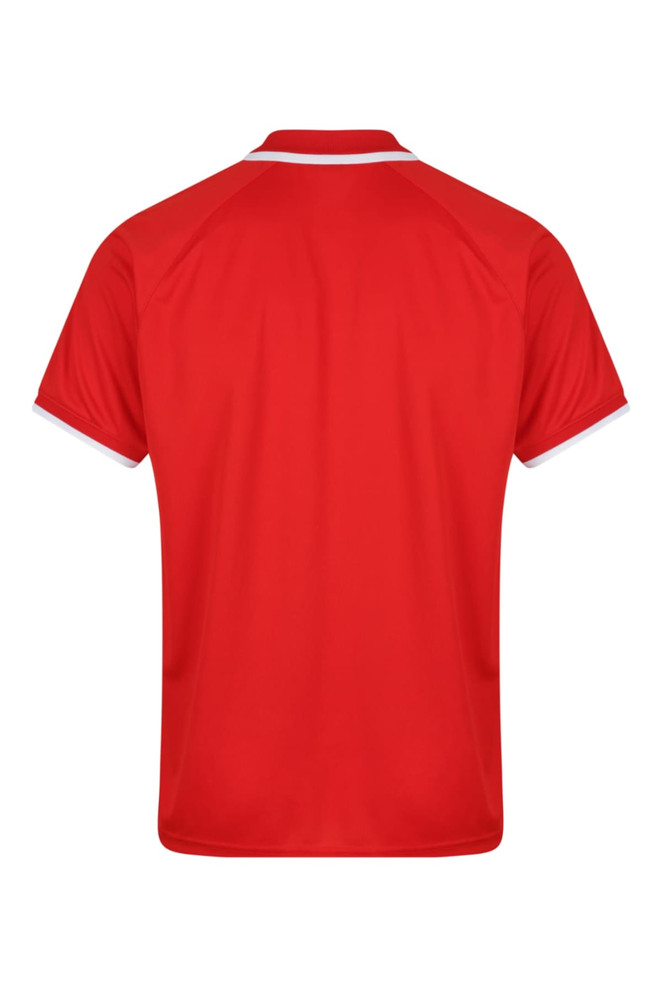 A red polo shirt featuring a white trim and a logo on the back.