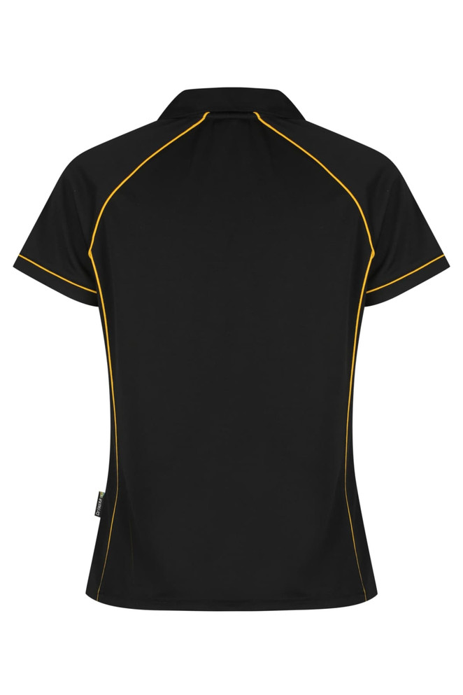 A black polo shirt with yellow piping, featuring a collar and short sleeves. It has a logo on the side.