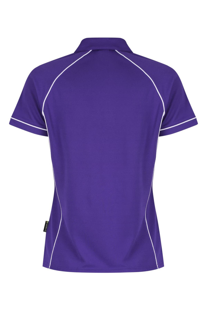 A purple polo shirt with white piping details and a logo on the side. The shirt has a classic collar and short sleeves.