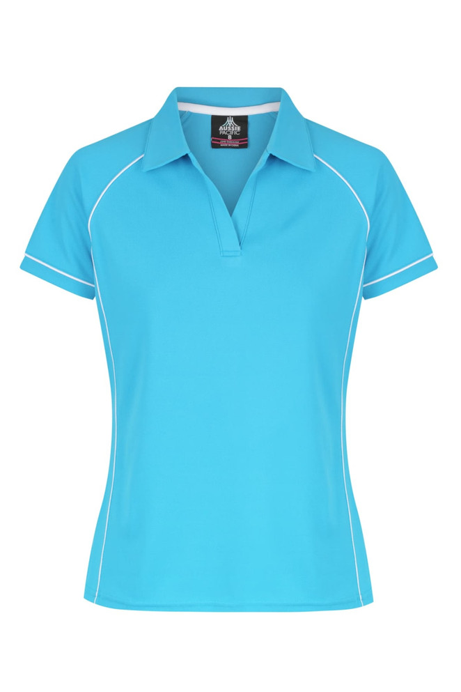 A turquoise polo shirt with white piping, featuring a collar and short sleeves, designed for women's wear.