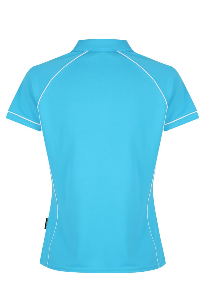 A blue polo shirt with contrast piping and a logo, featuring a stylish, fitted back design.