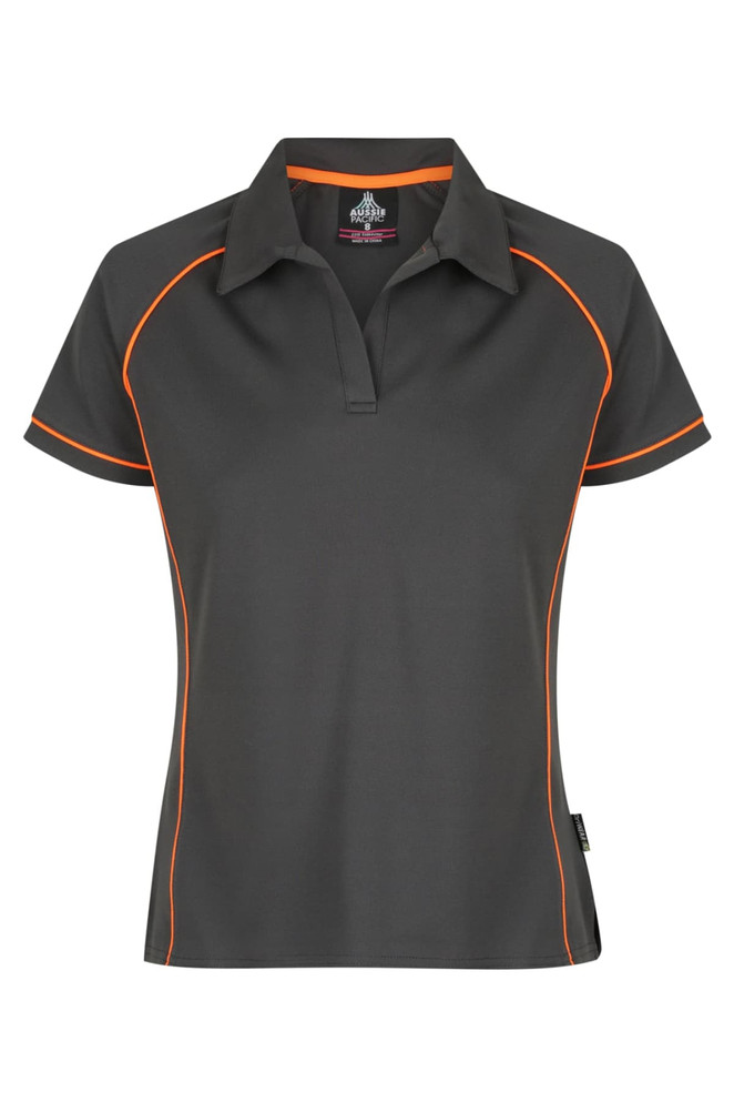 A women's polo shirt in dark grey with orange piping and a logo. Short sleeves and a collared neckline.