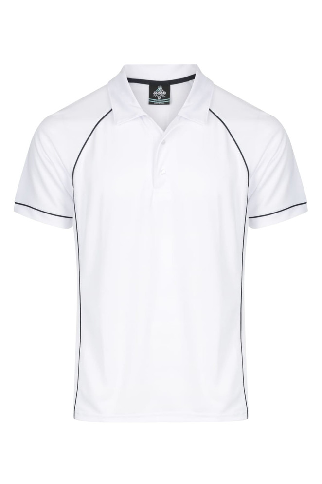 A white polo shirt featuring black piping and a logo at the collar. Short-sleeved design.