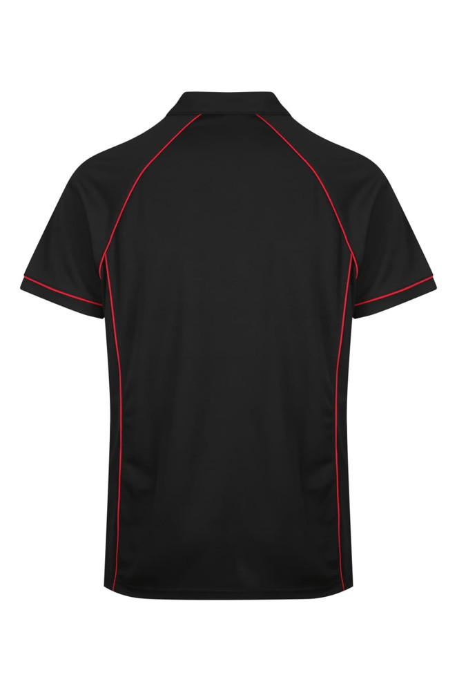 A black polo shirt featuring red piping and a logo branding on the back.