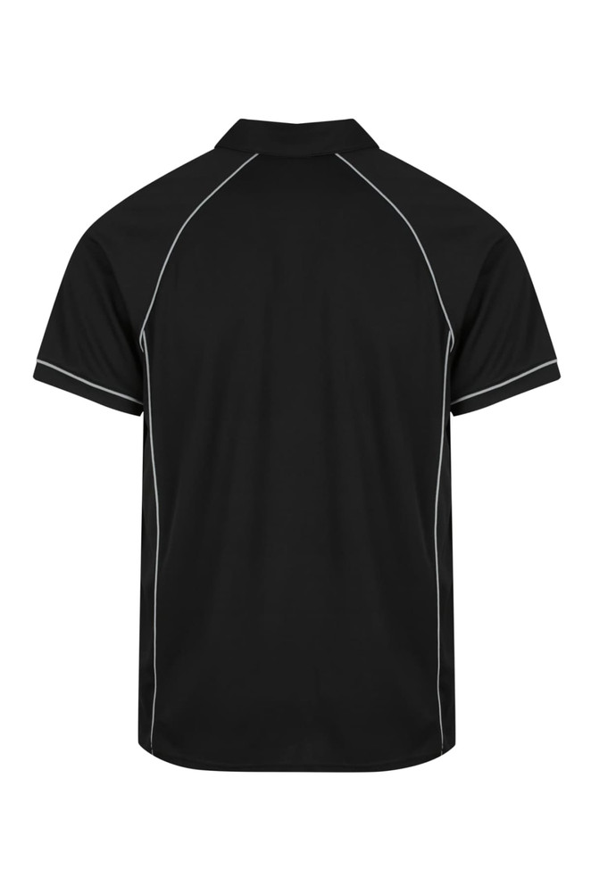 A black polo shirt featuring contrasting piping and a branded logo on the back.