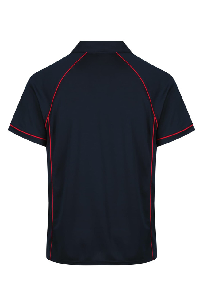 A navy polo shirt with red piping details and a logo on the front. Features a classic collar and short sleeves.