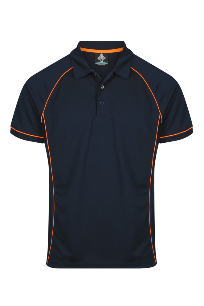 A navy polo shirt with orange accents and a collar. It features a logo on the upper side.