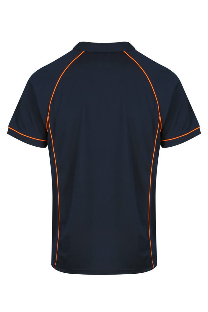 A navy polo shirt with contrasting orange detailing and a logo on the back.