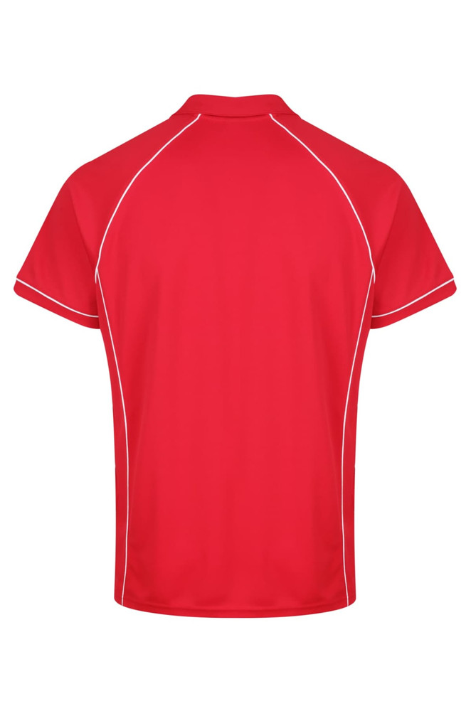 A red polo shirt featuring contrasting white stitching and a prominent collar, designed for men.