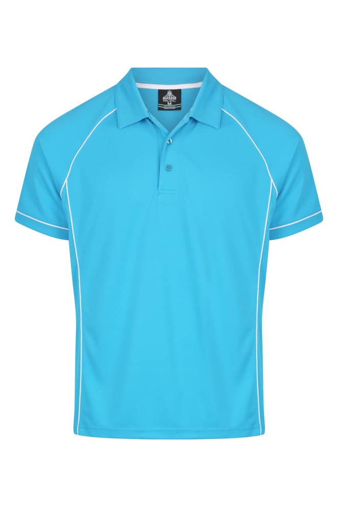 A short-sleeved men's polo shirt in bright blue with contrasting white piping and a collar. It features a logo.