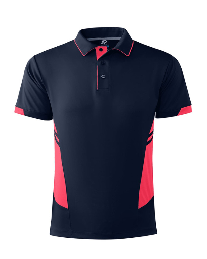 A navy polo shirt featuring bright pink accents and a logo on the chest area. Short-sleeved design.