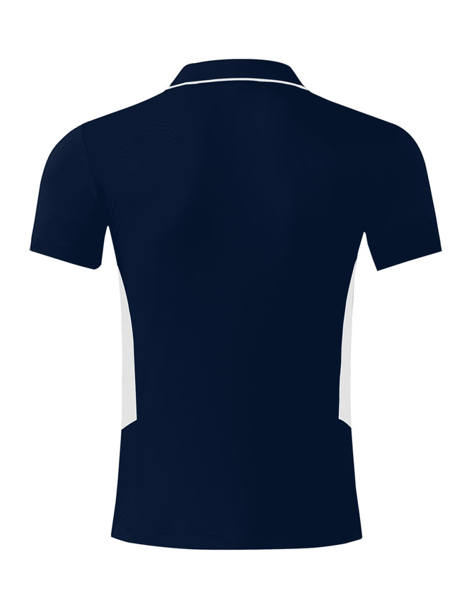 A navy blue polo shirt featuring white side panels and a collar. The shirt has a logo on it.
