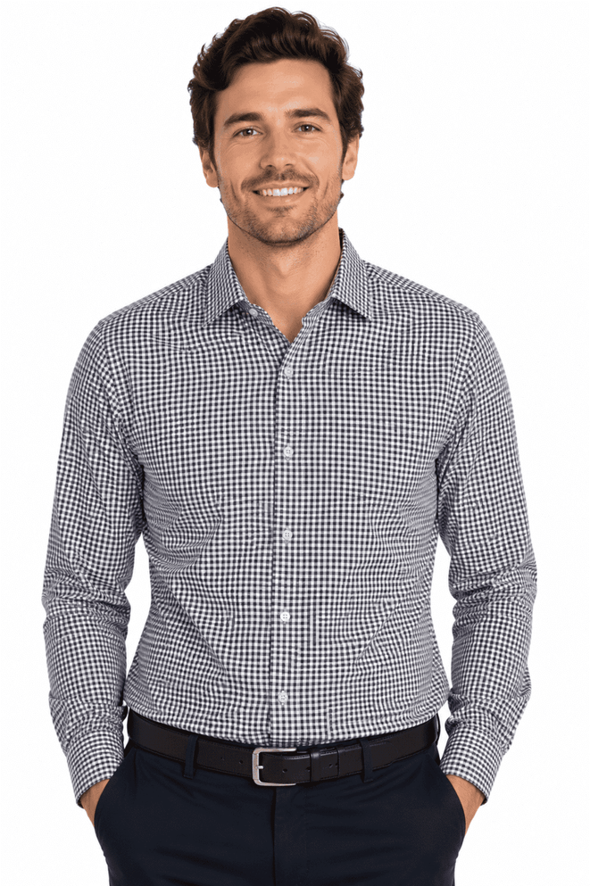 A long-sleeve button-up shirt in a navy and white check pattern, with a slim fit design and a branded logo.