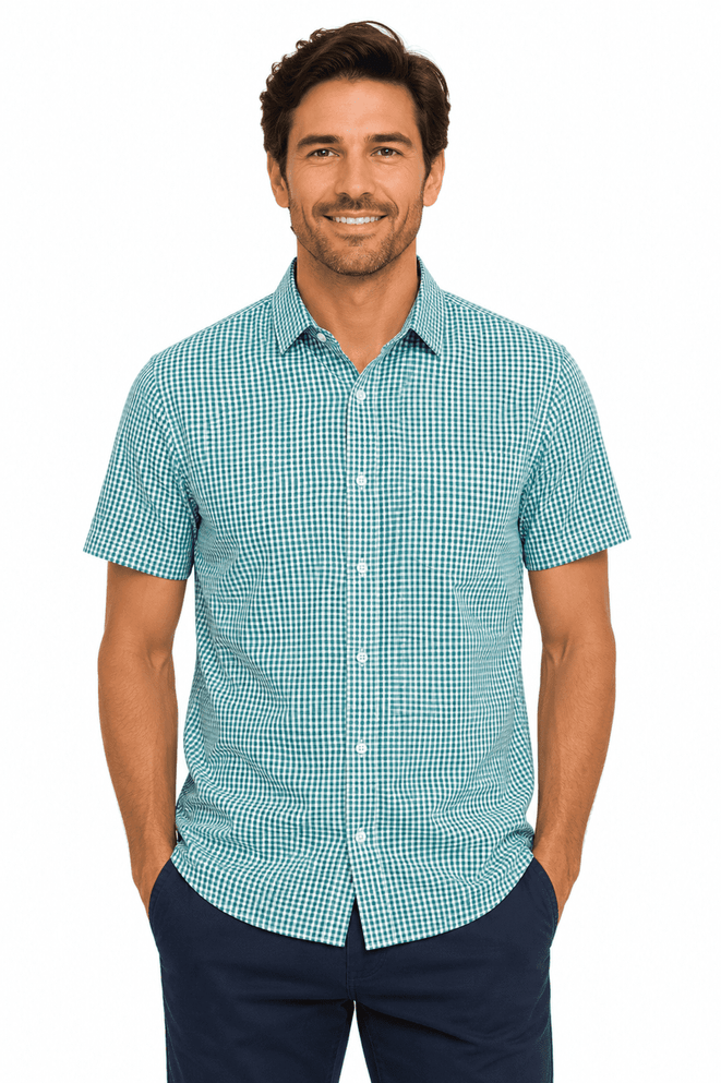 A short sleeve button-up shirt in a turquoise check pattern, featuring a logo and a relaxed fit.