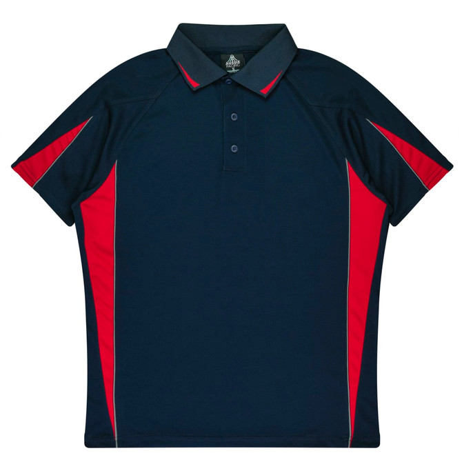 A navy blue polo shirt with red accents and a logo. Features a collar and short sleeves.
