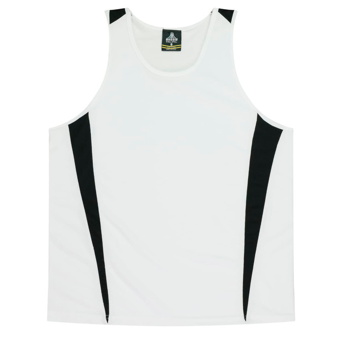 A white singlet featuring black side panels and a logo at the collar. Suitable for kids.
