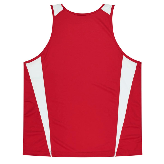 A red singlet featuring white side panels and a logo on the back.