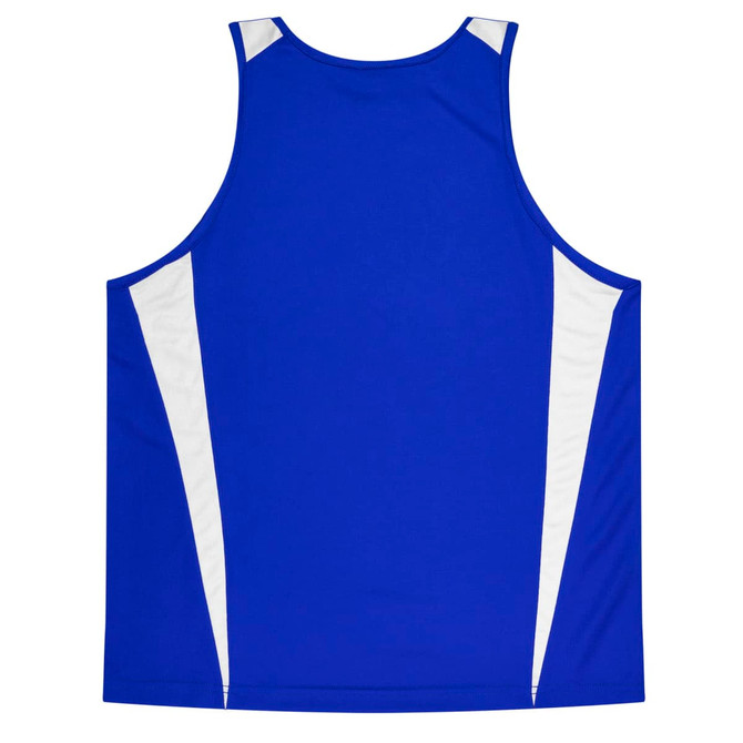 A blue singlet with white accents, featuring a logo on the back. Suitable for casual wear or active use.