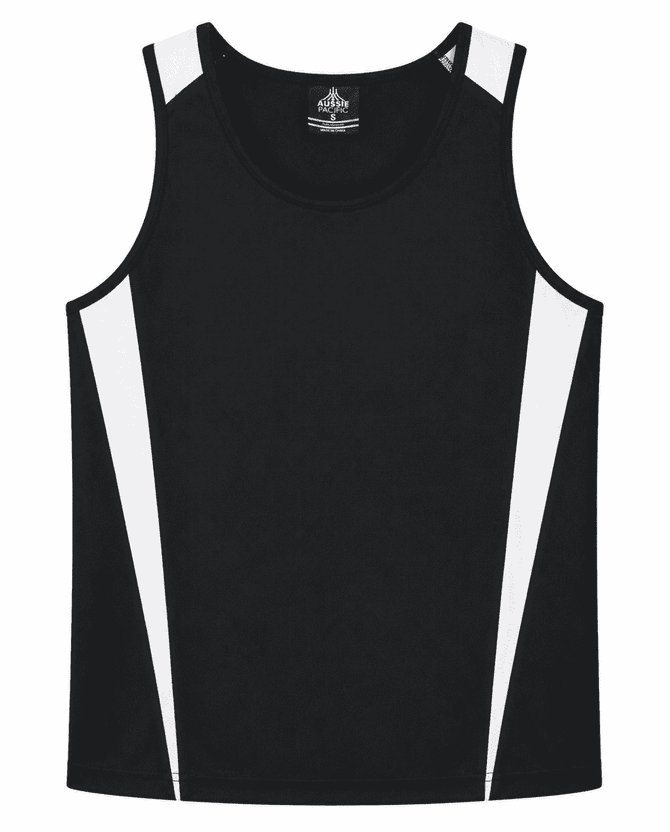 A black singlet with white panels on the sides, featuring a logo on the back. Suitable for active wear.
