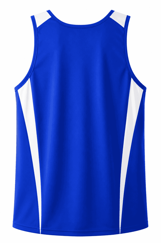 A blue men's singlet with white side panels and a simple design. It features a logo on the back.