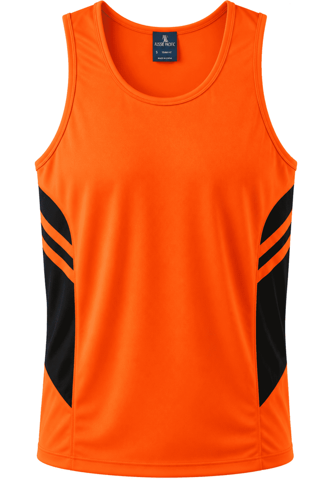 An orange singlet featuring black side accents and a logo on the chest. Suitable for casual or active wear.