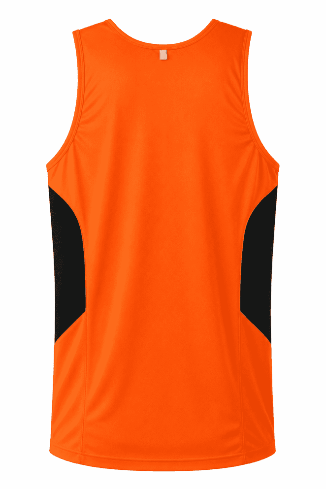 An orange singlet featuring black side panels and a logo on the back. Ideal for casual or athletic wear.