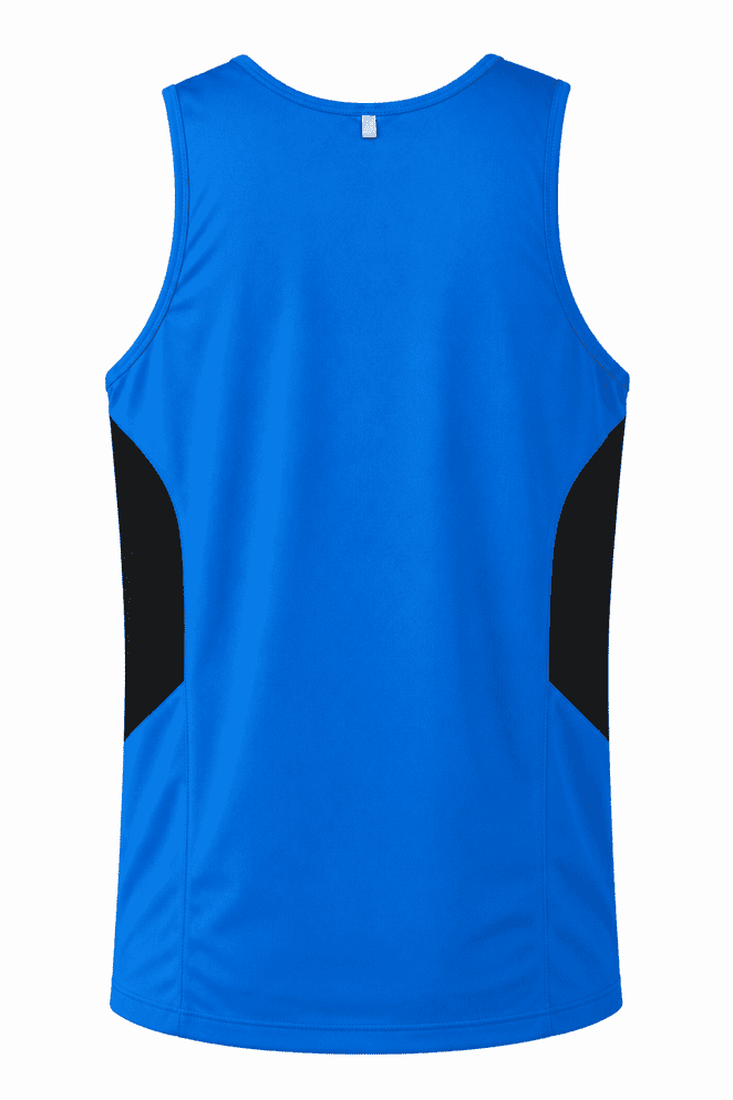 A blue men's singlet with black side panels and a logo on the back.