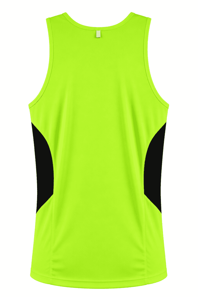 A bright lime green singlet with black side panels and a logo on the back.