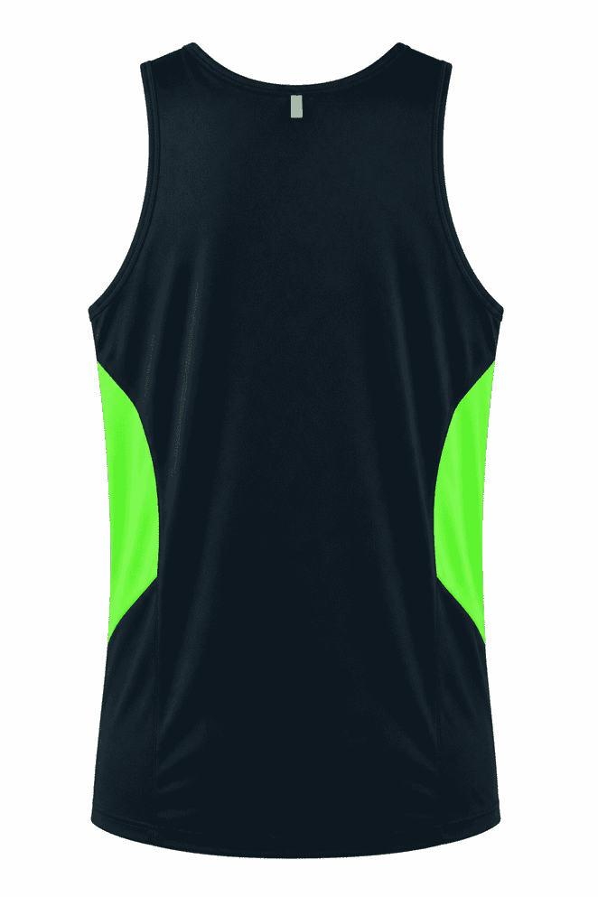 A navy singlet with vibrant green panels on the sides and a logo on the back.
