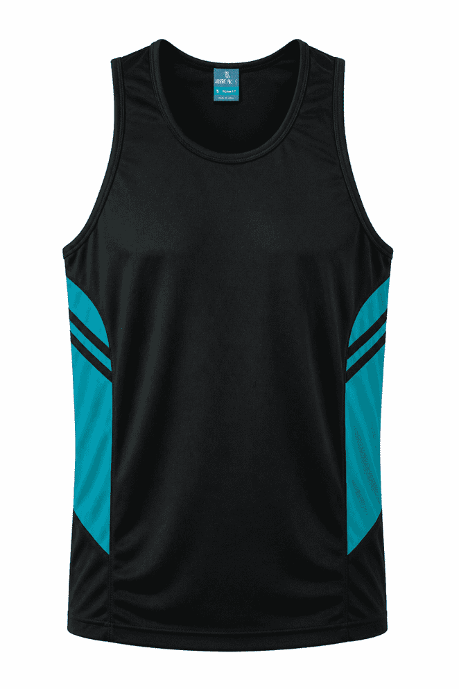 A black singlet with teal side panels and a branded logo. Suitable for men's sportswear.