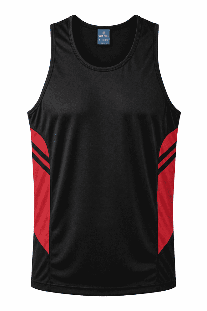 A black singlet featuring red side panels and two black stripes, with a logo on the top.