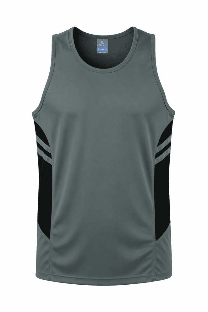 A men's singlet in grey with black side panels and branding, designed for casual wear or sports.